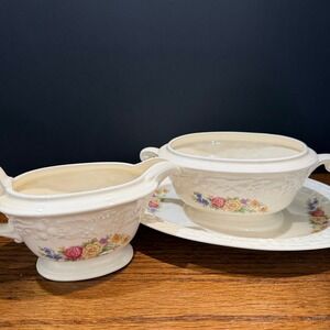 Vintage 1941 Homer Laughlin Eggshell Theme TH11 Floral Gravy Boat & Cream Bowl